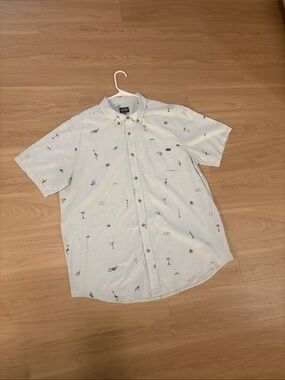Billabong Light Blue Short-Sleeve Button-Down with Navy Tropical Print